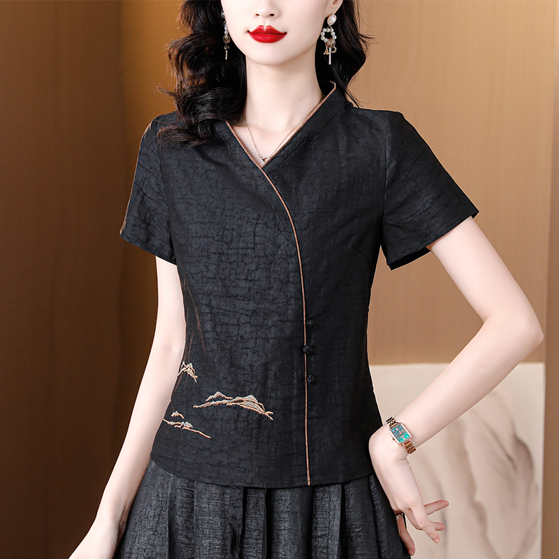 MY2062# 新中式盘刺绣工艺V领短袖真丝龟裂纹香云纱上衣女夏季桑蚕丝T恤女裝貨源服裝批發