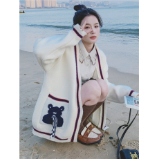 批发慵懒风针织开衫外套女春秋季<b class='q'>宽松</b>洋气减龄可爱熊刺绣毛衣外搭上衣