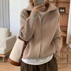 批发韩版复古拉链针织<b class='q'>开衫</b>女2026秋冬宽松外穿慵懒风翻领毛衣外套上衣