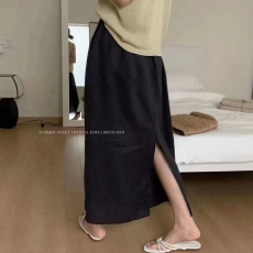 批发时尚休闲纯色百搭亚麻半身裙女<b class='q'>夏</b>季松紧腰显瘦长款宽松A字裙子潮