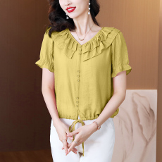 2023夏季新款娃娃领棉麻衬衫女短袖洋气遮肚显瘦时尚妈妈短款小衫