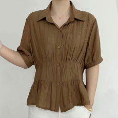 批发2026抖音爆款短袖衬衫T恤简约纯色<b class='q'>妈妈装</b>宽松轻薄透气上衣衬衫