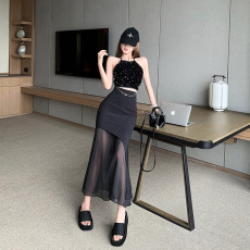 批发实拍设计感拼接网纱鱼尾裙修身显瘦遮胯半身裙<b class='q'>中长款</b>包臀<b class='q'>西装</b>裙