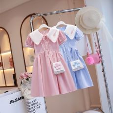 批发女童学院风连衣裙夏季薄款<b class='q'>儿童</b>洋气裙子2026新款娃娃领短袖公主裙