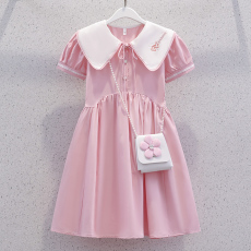 批发女童学院风连衣裙2026夏季<b class='q'>韩版</b>洋气娃娃领公主裙夏装粉色儿童裙子