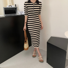 批发韩版休闲时尚<b class='q'>条纹</b><b class='q'>连衣裙</b>女夏季2026新款拉链短袖港风针织中长裙子