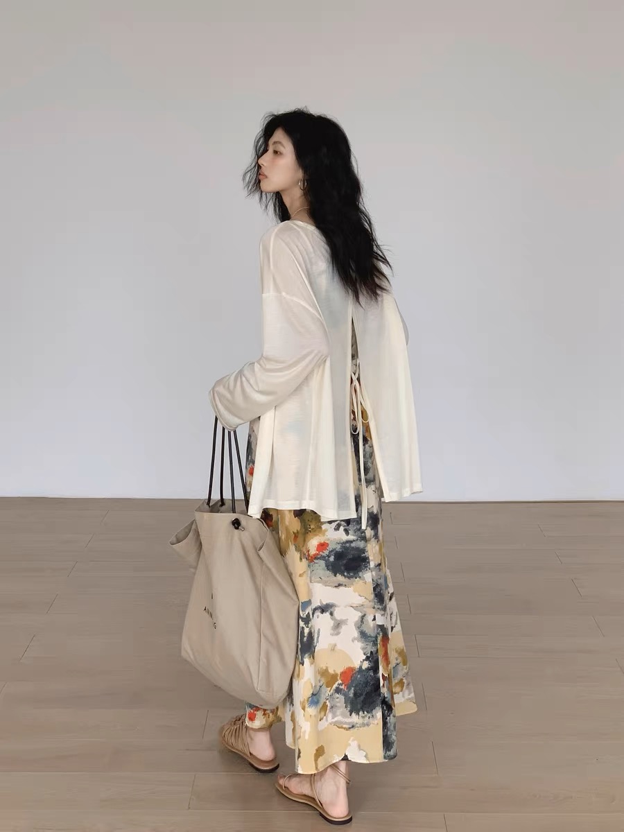 August Summer thin sun protection cardigan with suspender skirt women's slit loose long-sleeved shawl outer top