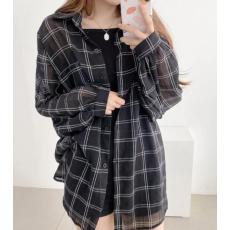 批发韩版夏季透视格子衬衫休闲大码宽松防晒衣女<b class='q'>外套</b>上衣复古衬衣