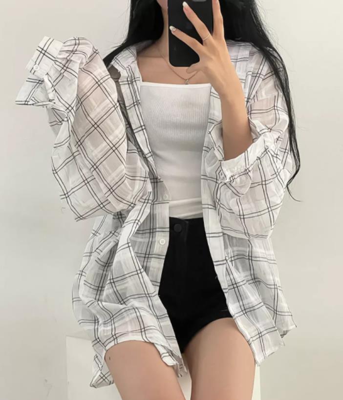 여름 대 빅 사이즈 원근법 설치 격자 무늬 셔츠 빅 사이즈 캐주얼 해변 자외선 차단 외투 여성 레저 셔츠