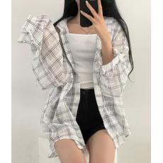 夏季大大码透视装格子衬衫大码休闲沙滩防晒衣外套女休闲衬衣