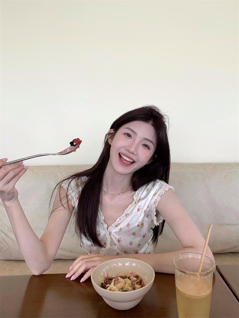 실사 작은 배꽃 프랑스식 V넥 차 휴식 작은 예쁜 허리 드레스
