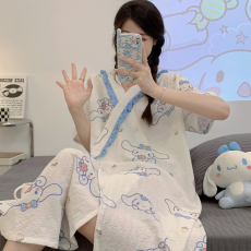 批发2023新款夏季短袖梭织泡泡皱布孕妇哺乳睡裙