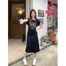 批发2023大码休闲短袖印花<b class='q'>连衣裙</b>女夏裙子收腰显瘦不规则开叉T恤裙潮