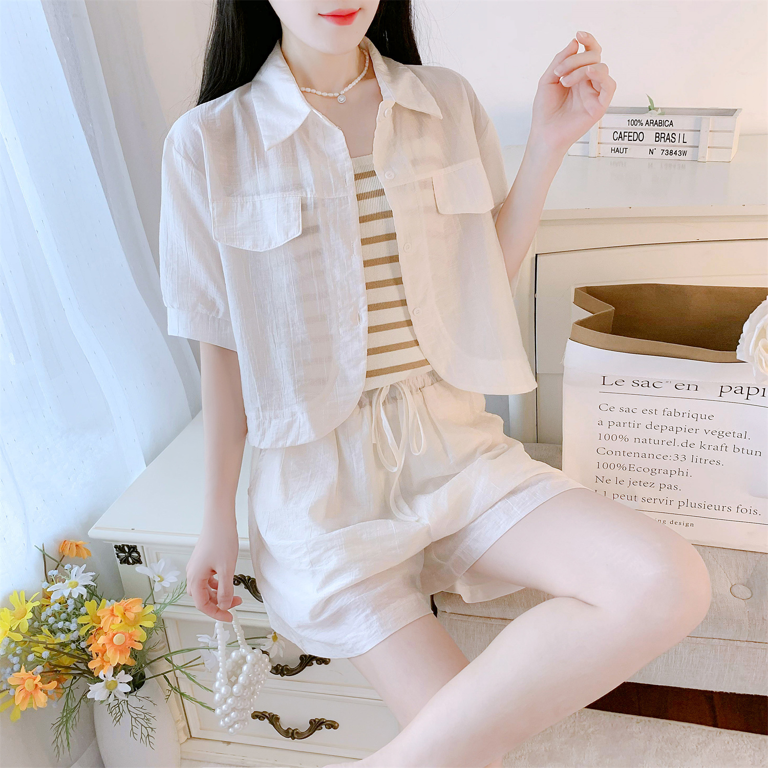 실사 2026 여름 새로운 반팔 맨위 슬립 반바지 세 조각 패션 세트 여성