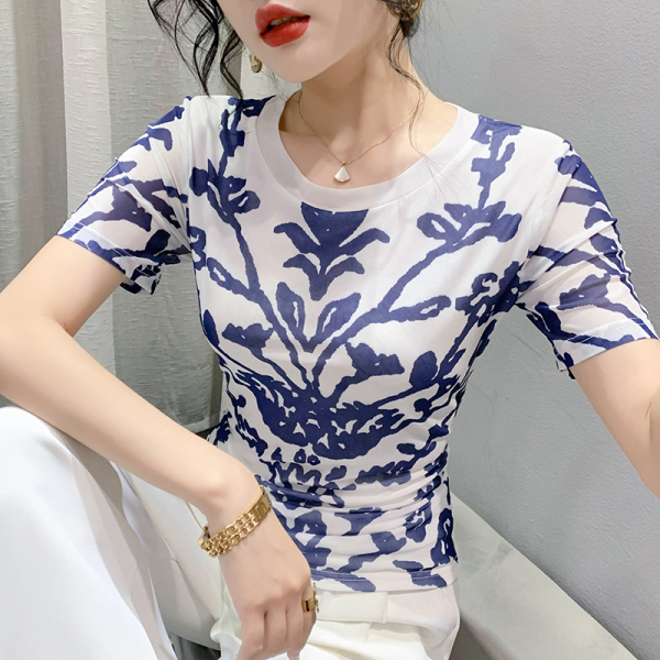 RM22397#夏季时尚纱网印花定位花短袖圆领修身显瘦洋气上衣潮6992