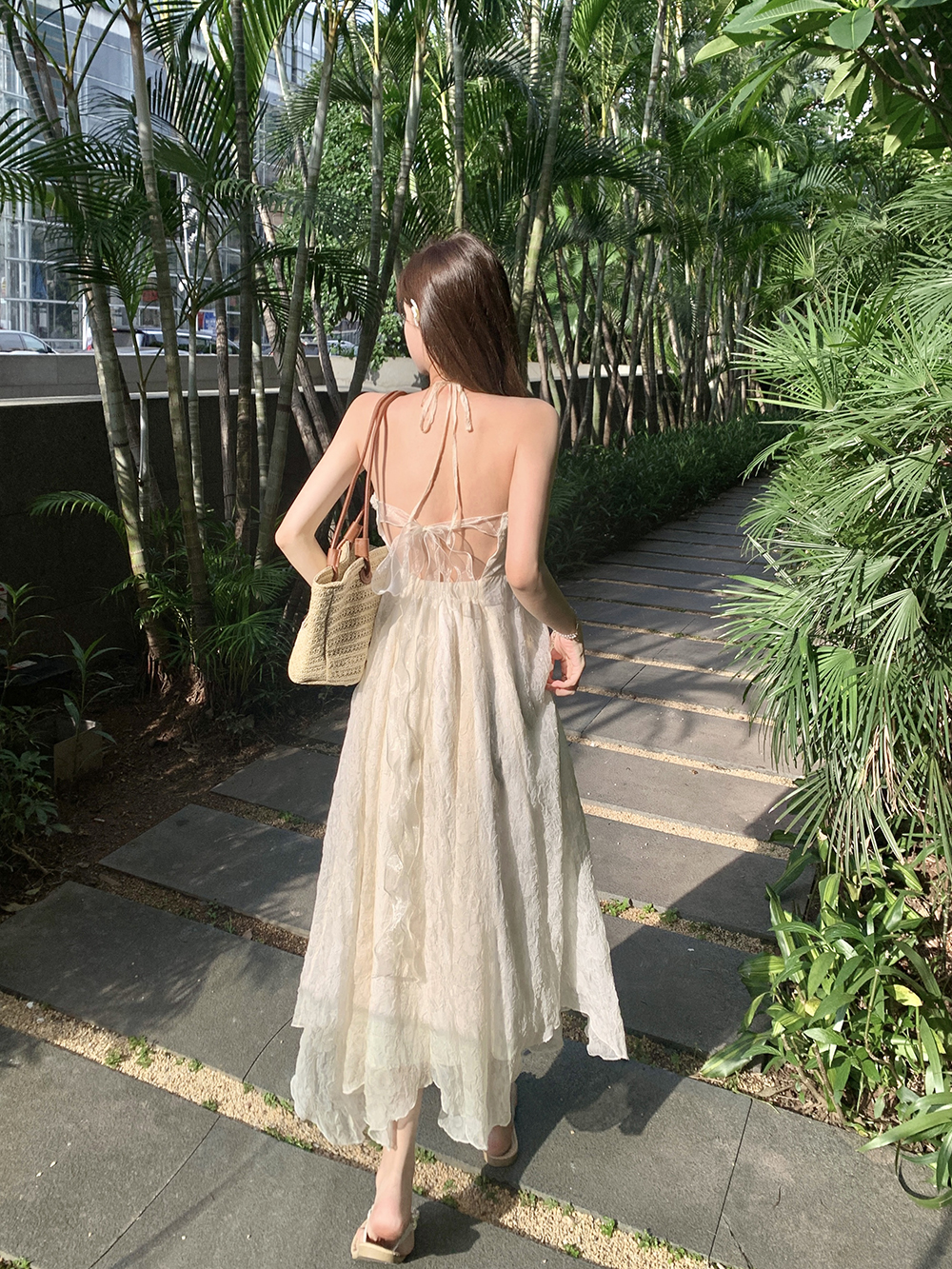 Luoyuehuashen summer vacation style pure lust backless French halterneck chiffon dress