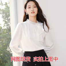 批发网图设计感白色雪纺<b class='q'>衫</b>女装2026年春季新款时尚系带领法式别致<b class='q'>上衣</b>