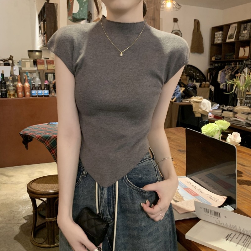 不規則半高領T恤女裝夏季新款純欲短款修身顯瘦短袖灰色緊身上衣