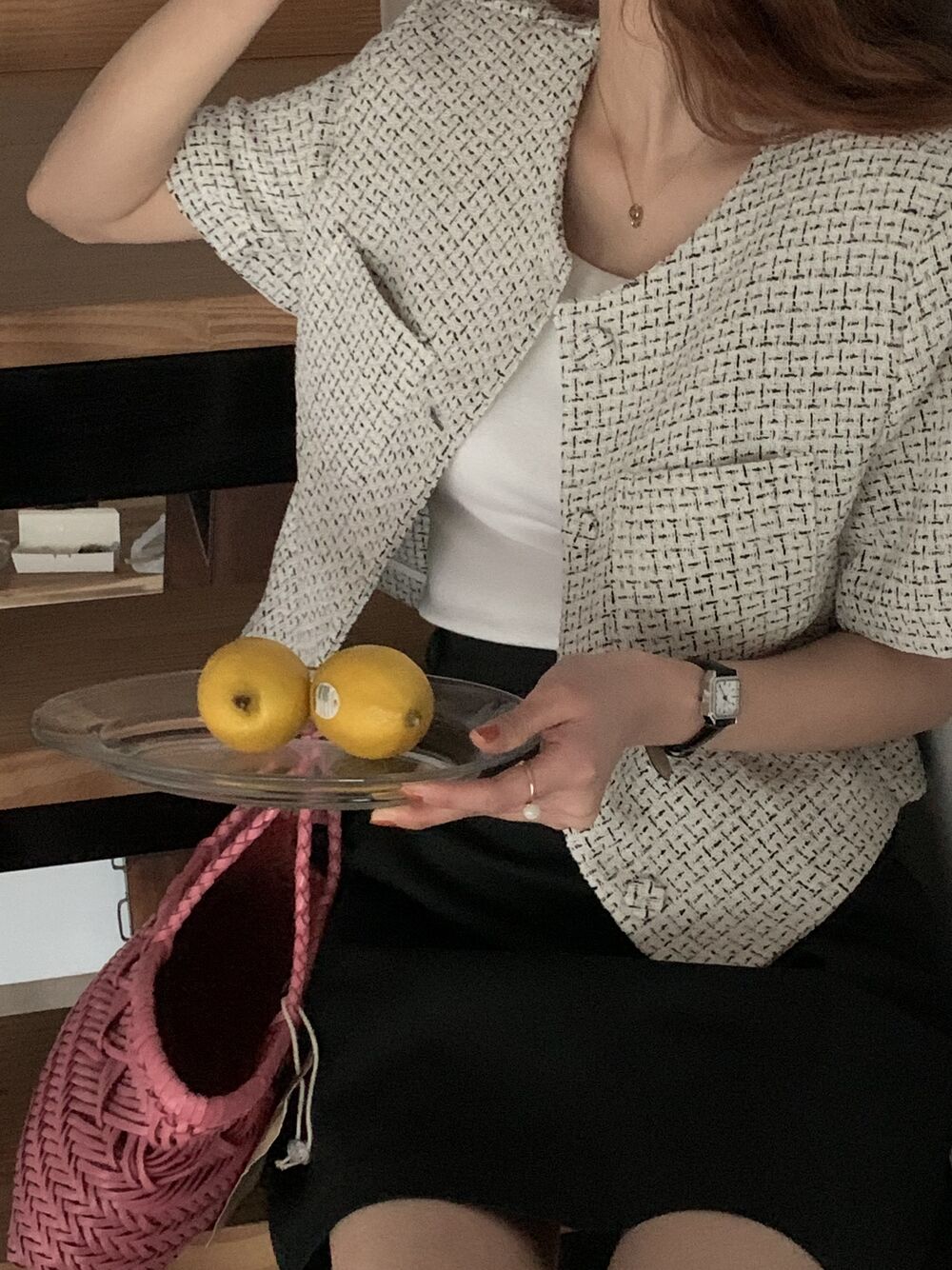 있음 선적 chic 프랑스식 작은 샤넬 스타일 체크무늬 반팔 작은 외투 여성 슬림해 보이는 품격 다용도 오픈 가디건