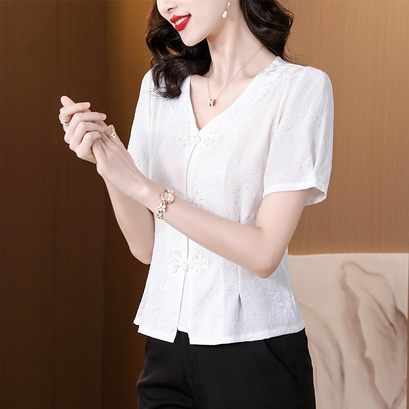 RY552# 国风盘扣雪纺衫夏季新中式提花v领别致短上衣女修身显瘦复古小衫