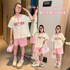 批发女大童夏季套装2025新款短袖短<b class='q'>裤</b>女童夏天薄款透气<b class='q'>儿童</b>两件套