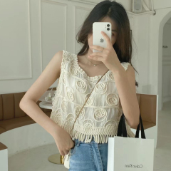 Women's Sleeveless Backless Top with 2024 New Design Knitted Lace Hollow Short Plated Fringe