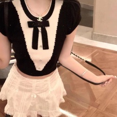 批发lisa同款针织撞色蝴蝶结T恤上衣女夏季新款花边<b class='q'>针织衫</b>