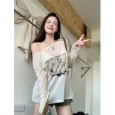 批发满天星 已出货 罗纹 斜肩宽松圆领薄<b class='q'>防晒衫</b>长袖T恤女<b class='q'>夏季</b>