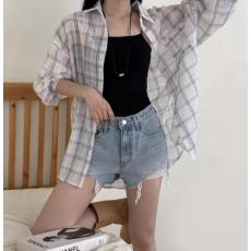 批发韩版夏季透视格子衬衫原宿风休闲大码宽松<b class='q'>防晒</b>衣女长袖上衣外套