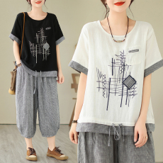 批发实拍新款复古色织汉麻格子<b class='q'>套装</b>女休闲T恤<b class='q'>哈伦裤</b>格纹两件套夏