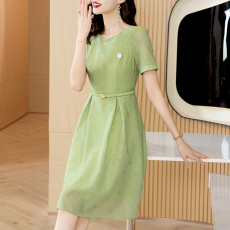 批发高端轻奢绿色<b class='q'>提花</b><b class='q'>连衣裙</b>2026夏季新款女装气质收腰a字裙