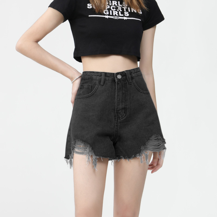 Versatile ripped raw edge denim shorts for women summer thin high-waisted slim a-line wide-leg hot pants trendy ins