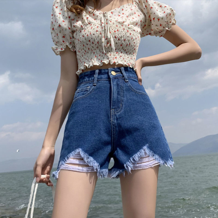 Versatile ripped raw edge denim shorts for women summer thin high-waisted slim a-line wide-leg hot pants trendy ins