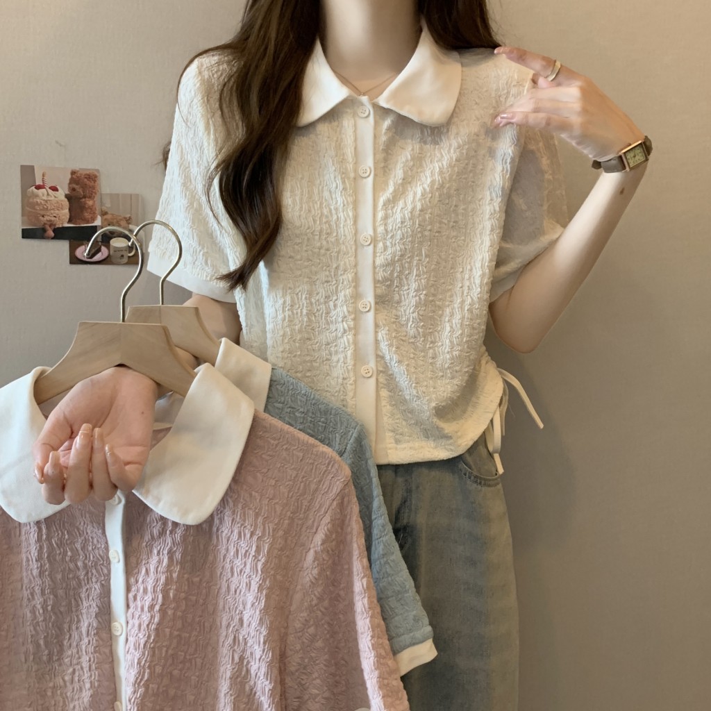 실사 빅 사이즈 여름 섹션 한 바람 레트로 달콤함 베이비 칼라 펌프 로프 레이스업 배색 루즈핏 쇼트 스타일 티셔츠 여성 셔츠