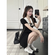 批发法式小香风polo连衣裙女夏季2025新款收腰显瘦蝴蝶结针织短袖裙子