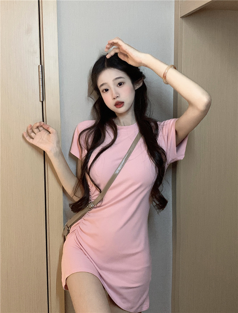 實拍~新款小眾溫柔氣質圓領連衣裙女夏季法式收腰顯瘦短裙