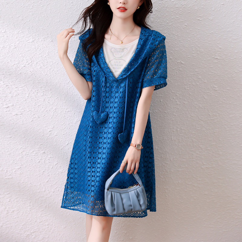 MY3783# 法式连帽镂空裙大码女夏季新款高级感减龄轻奢气质休闲连衣裙女裝貨源服裝批發