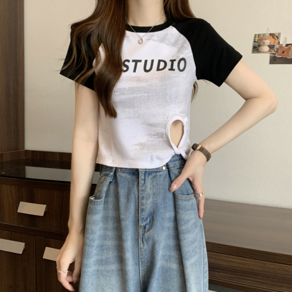 RM20357#夏季洋气镂空露腰小心机扎染字母印花短袖T恤修身短款上衣女