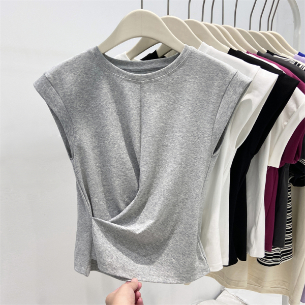 RM17450#韩版休闲圆领设计感背心马夹短袖女T恤上衣