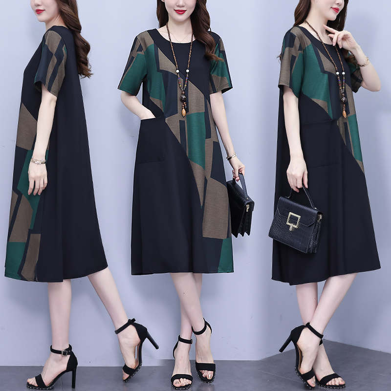 MY9226# 夏装新款大码女装拼接洋气胖mm遮肚子显瘦宽松短袖连衣裙女裝貨源服裝批發