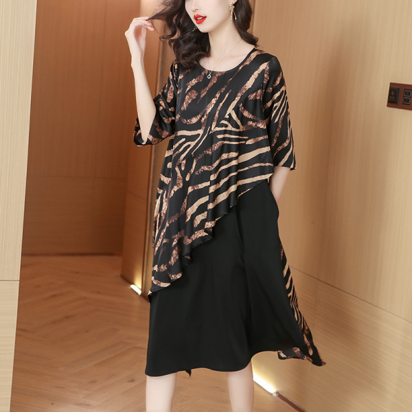 RM21126#贵夫人品牌女装时尚宽松大码裙子豹纹拼接中老年妈妈夏装连衣裙...