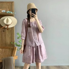 批发文艺复古休闲风时尚漂亮苎麻套装<b class='q'>女士</b>刺绣夏季新款上衣裤子两件套