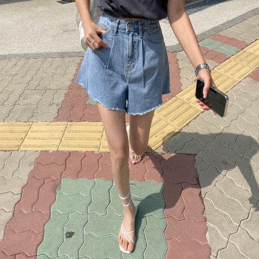 지금 레트로 하이웨이스트 넓은 다리 루즈핏 슬림해 보이는 데님 반바지 2 색