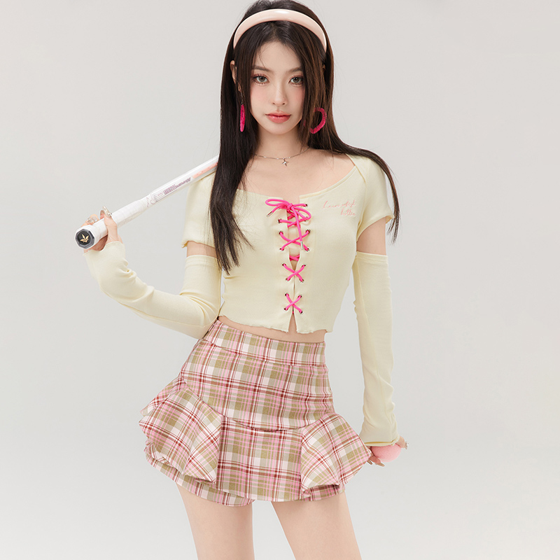 Sweetheart Spice Girl Group Style Contrast Color Tie Sleeves Tight Drawstring Right Shoulder Short T-Shirt Women's Design Trendy Top