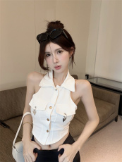 实拍实价～美式polo领挂脖露肩无袖工装牛仔衬衫短款马甲背心上衣