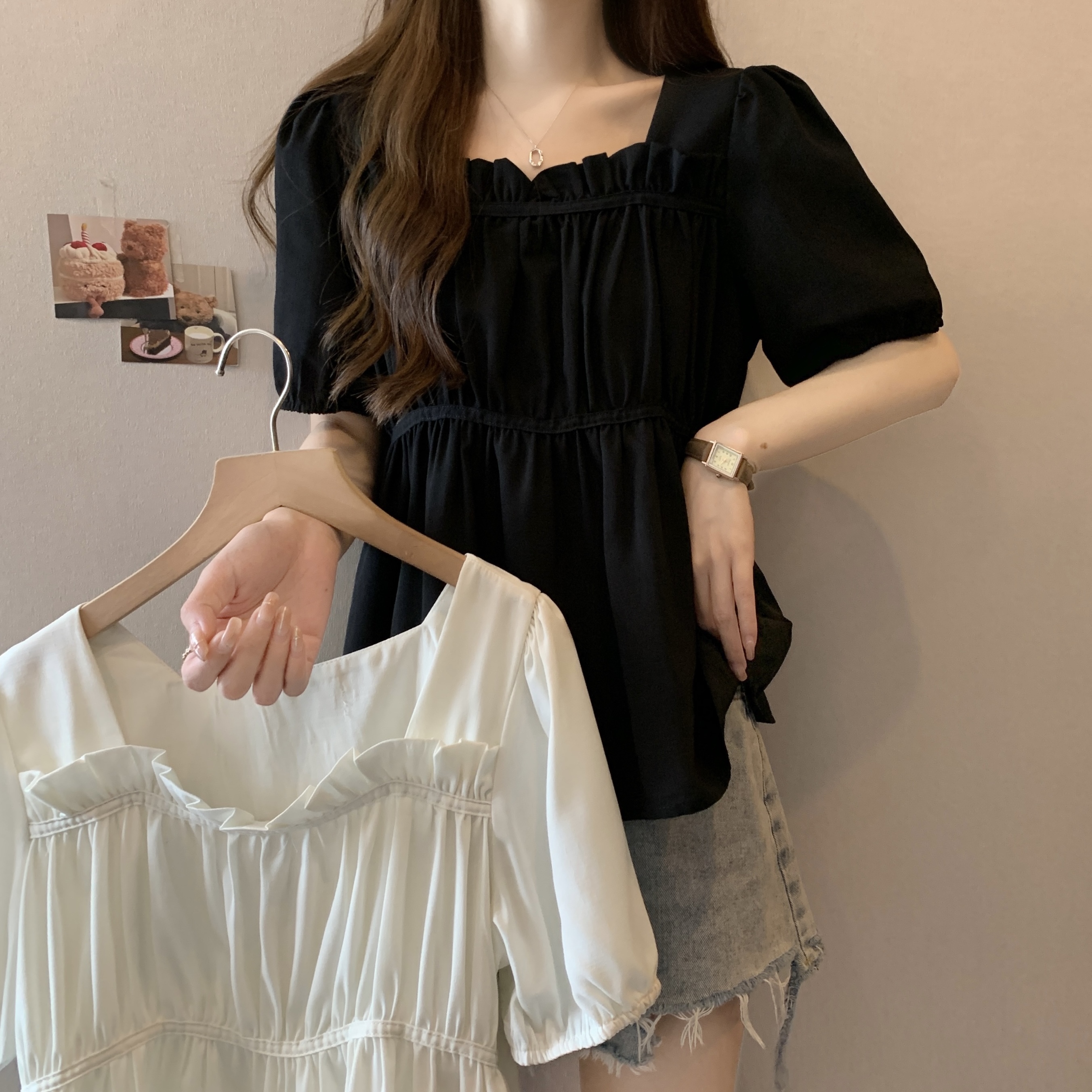 실사 빅 사이즈 여름 디자인 센스 루즈핏 마이크로 지방 mm 표지 배 광장 칼라 플리츠 반팔 쉬폰 블라우스 맨위 숨기기 고기
