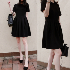 批发大码赫本小黑裙圆领雪纺连衣裙女高腰显瘦百褶裙a字短袖