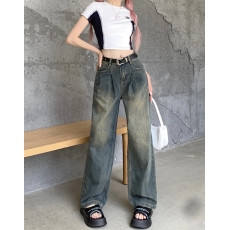 批发实拍实价#新款直筒弹力牛仔<b class='q'>裤</b>女设计感复古水洗宽松阔腿长<b class='q'>裤</b>子