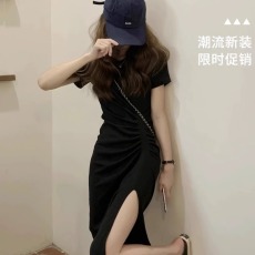 批发黑色开叉连衣裙女运动风不规则褶皱纯棉短袖性感包臀收腰t恤长裙