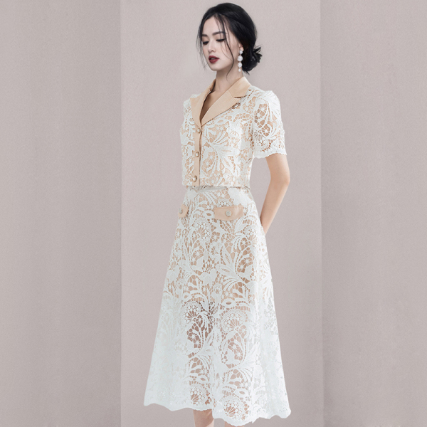 RM19923#夏季新款越南小众西装领上衣蕾丝水融花半身裙时尚套装